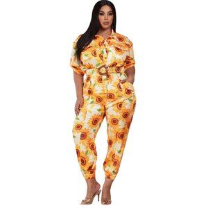 Plus Size Half Sleeve Button Up Sunflowers Jumpsuit  2X